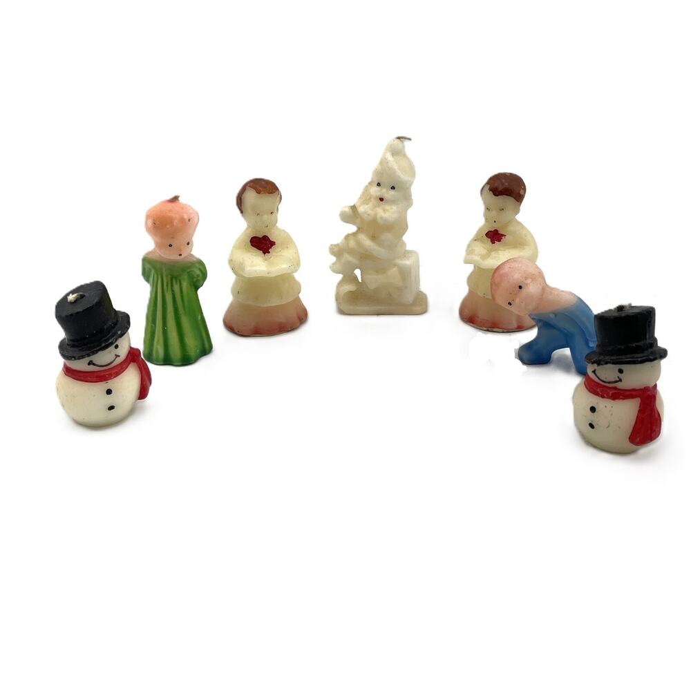 Lot of 7 Vintage Small Figurine Shape Wax Candle Christmas Tree Candles